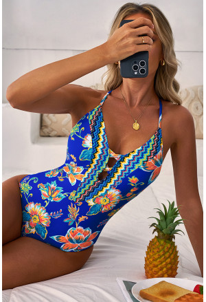 Blue Floral Plunging One-Piece Crisscross Backless One Piece Swimsuit