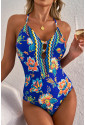 Blue Floral Plunging One-Piece Crisscross Backless One Piece Swimsuit