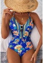 Blue Floral Plunging One-Piece Crisscross Backless One Piece Swimsuit