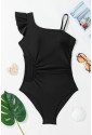 Black Asymmetric Ruffle Shoulder Pleated One Piece Swimsuit