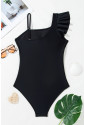 Black Asymmetric Ruffle Shoulder Pleated One Piece Swimsuit