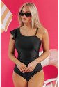 Black Asymmetric Ruffle Shoulder Pleated One Piece Swimsuit