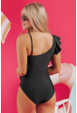 Black Asymmetric Ruffle Shoulder Pleated One Piece Swimsuit