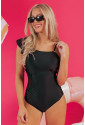 Black Asymmetric Ruffle Shoulder Pleated One Piece Swimsuit