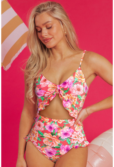 Floral Ruffle Trim Cutout Knotted One Piece Swimsuit