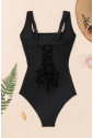 Black Solid Criss Cross Backless Square Neck One Piece Swimsuit