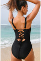 Black Solid Criss Cross Backless Square Neck One Piece Swimsuit