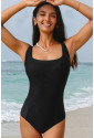 Black Solid Criss Cross Backless Square Neck One Piece Swimsuit