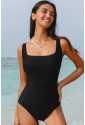 Black Solid Criss Cross Backless Square Neck One Piece Swimsuit