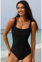 Black Solid Criss Cross Backless Square Neck One Piece Swimsuit