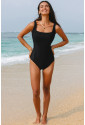 Black Solid Criss Cross Backless Square Neck One Piece Swimsuit