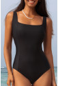 Black Solid Criss Cross Backless Square Neck One Piece Swimsuit