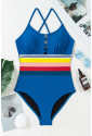 Prussian Blue Contrast Stripe Accent Crisscross One Piece Swimwear