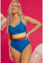 Prussian Blue Contrast Stripe Accent Crisscross One Piece Swimwear