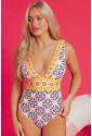 Yellow Floral Print V Neck One Piece Swimsuit