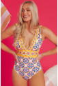 Yellow Floral Print V Neck One Piece Swimsuit