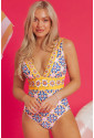 Yellow Floral Print V Neck One Piece Swimsuit