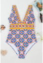 Yellow Floral Print V Neck One Piece Swimsuit