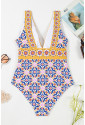 Yellow Floral Print V Neck One Piece Swimsuit