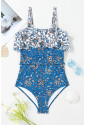 Sky Blue Floral Printed Ruffle Removable Strap One Piece Swimsuit