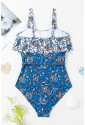 Sky Blue Floral Printed Ruffle Removable Strap One Piece Swimsuit