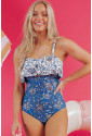 Sky Blue Floral Printed Ruffle Removable Strap One Piece Swimsuit