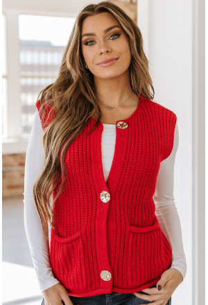 Red Solid Textured Knit Side Pockets Buttoned Sweater Vest