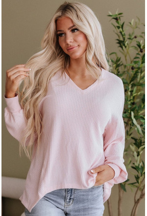 Waffle V Neck Long Sleeve Drop Shoulder Loose Blouse