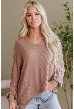 Waffle V Neck Long Sleeve Drop Shoulder Loose Blouse