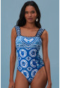 Blue Tile Pattern Ricrac Wide Straps Sheath One Piece Swimsuit