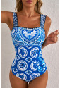 Blue Tile Pattern Ricrac Wide Straps Sheath One Piece Swimsuit