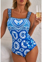 Blue Tile Pattern Ricrac Wide Straps Sheath One Piece Swimsuit