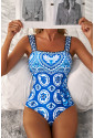 Blue Tile Pattern Ricrac Wide Straps Sheath One Piece Swimsuit