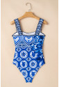 Blue Tile Pattern Ricrac Wide Straps Sheath One Piece Swimsuit