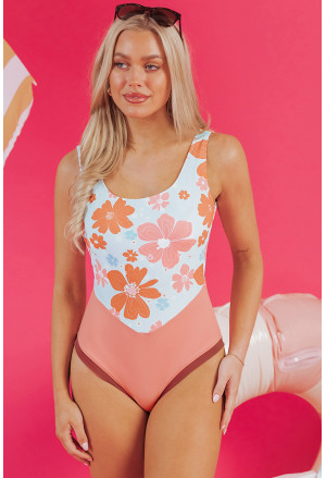 Orange Floral Patchwork Backless One Piece Swimsuit