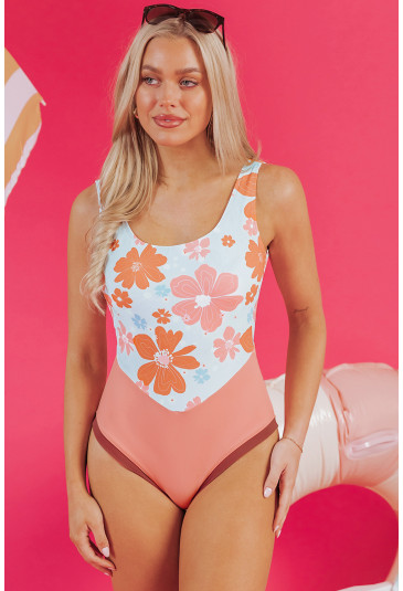 Orange Floral Patchwork Backless One Piece Swimsuit