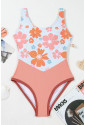 Orange Floral Patchwork Backless One Piece Swimsuit