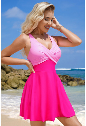 Pink Crisscross One Piece Swimsuit Skirtini CYNTHIA