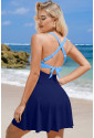 Blue Crisscross One Piece Swimsuit Skirtini CYNTHIA