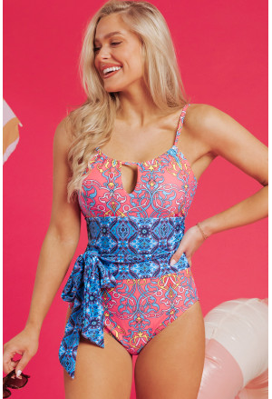 Blue Geometric Print Hollow Out Knotted Waist One Piece Swimsuit