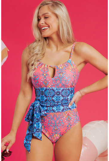 Blue Geometric Print Hollow Out Knotted Waist One Piece Swimsuit