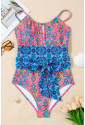 Blue Geometric Print Hollow Out Knotted Waist One Piece Swimsuit