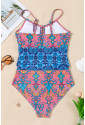 Blue Geometric Print Hollow Out Knotted Waist One Piece Swimsuit