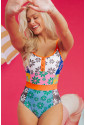 Orange Floral Colorblock Buttoned Décor Front Spaghetti Straps Teddy Swimsuit