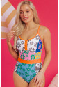 Orange Floral Colorblock Buttoned Décor Front Spaghetti Straps Teddy Swimsuit