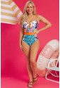 Orange Floral Colorblock Buttoned Décor Front Spaghetti Straps Teddy Swimsuit