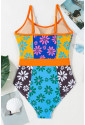 Orange Floral Colorblock Buttoned Décor Front Spaghetti Straps Teddy Swimsuit