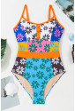 Orange Floral Colorblock Buttoned Décor Front Spaghetti Straps Teddy Swimsuit