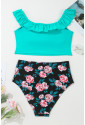 Sea Green Solid Ruffled Square Neck Swim Top and Floral Shorts Bikini Set