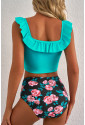 Sea Green Solid Ruffled Square Neck Swim Top and Floral Shorts Bikini Set